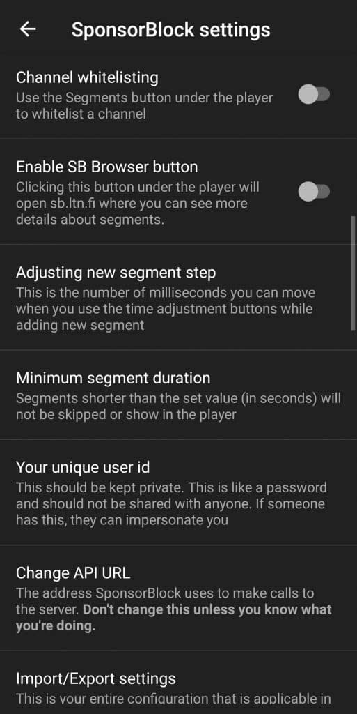 Sponsorblock Settings